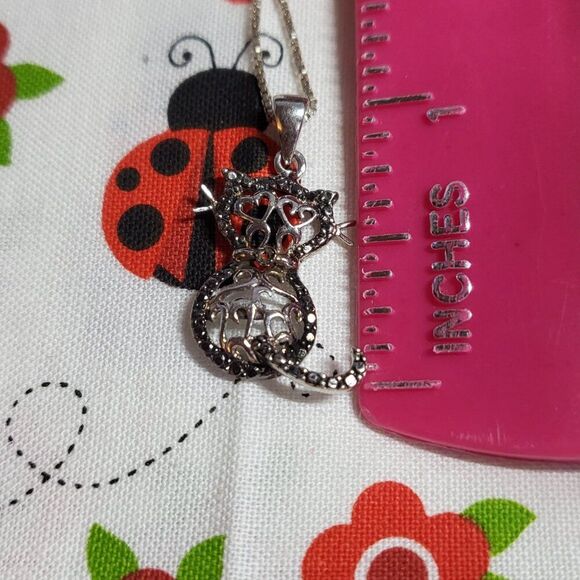 Black Diamond Accented Silver Filigree Cat Pendant Necklace - Picture 8 of 9